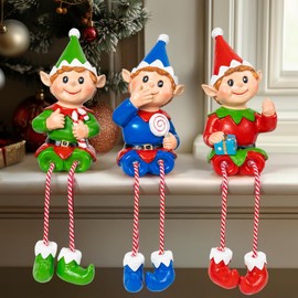 Dazzle Bright Christmas Elf Figurines Decoration, Set of 3 Resin Elf Sitters with Dangling Legs, Xmas Table Fireplace Shelf Sitters Decorations Sitting Figurines Ornament for Indoor Home Decor