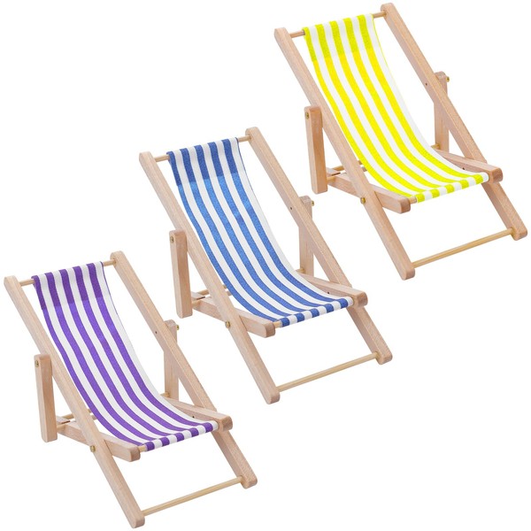 cobee Dollhouse Miniature Beach Chair, 3 Pieces 1:12 Wooden Mini Folding Beach Chair Dolls House Mini Deck Chair Dollhouse Furniture Accessories for Indoor Outdoor