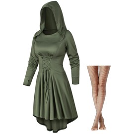 Irtysh Womens Base Vintage High Low Pullover Medieval Hooded Robe Cloak Dress Costumes Cosplay Net Leggings Set(Green 2XL)
