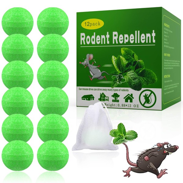 Mice Rodent Repellent 12Pcs, Peppermint Oil to Repel Mice and Rats, Rodent Repellent for Car Engines, Natural Ingredients Rat Repellent Balls Deterrent Indoor Pest Insect Control, Family & Pet Safe