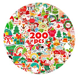 Acevegue 200pcs Christmas Stickers, Xmas Stickers for Children Christmas Decorations, Santa Snowman Christmas Tree Hats Stocking Snowflake Decals for Merry Christmas Arts and Crafts Supplies