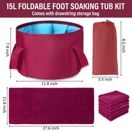 FillTouch 12 Pcs 15L Foldable Foot Soaking Tub Kit Portable Foot Bath Tub for Soaking Feet with Towel and Storage Bag Soak Spa Bucket for Travel Camping (Claret)