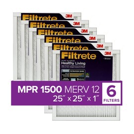 Filtrete 25x25x1 AC Furnace Air Filter, MERV 12, MPR 1500, CERTIFIED asthma & allergy friendly, 3 Month Pleated 1-Inch Electrostatic Air Cleaning Filter, 6-Pack (Actual Size 24.81x24.81x0.78 in)