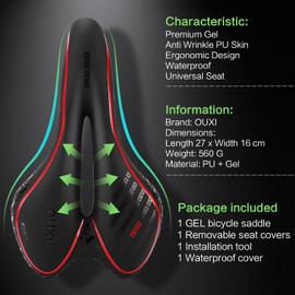 OUXI Comfort Bike Seat Comfortable Gel Bicycle Saddle Replacement Soft Padded with Shock Absorbing Waterproof for MTB Mountain Bike Road Bike Exercise Bike Men Women and Ladies-Red