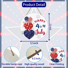 Patriotic Decorations 4th of July Wreaths for Front Door Red White and Blue Decorations Hearts Fireworks Wooden Happy 4th of July Sign Door Decor for Fourth Memorial Day Wall Indoor Home Decor