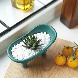 1piece 5.6" Black Ceramic Mini Bathtub Soap Dish Small Planter Makeup Organizer Container Hamster Bathtub - Color: Blackish Green