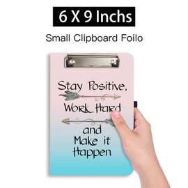 Hongri Mini Clipboard Folio with Refillable Lined Notepad and Interior Storage Pocket for Students, Classroom, Office, Women, Man, Cute Custom Pattern, Standard A5 Size 6 x 9 in, Stay Work Hard
