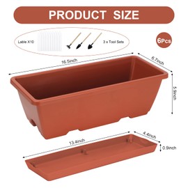 HOXHA Window Box Planter, 6 Pack 17inch Plastic Vegetable Flower Planter Boxes with Tray, Indoor Outdoor Flower Pots for Windowsill, Patio, Porch, Garden Balcony, Brick Red