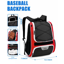 HMLIN Baseball Bag,Baseball Backpack, Softball Bat Bag with Shoes Compartment for Youth Adults,Lightweight Baseball Bag with T-Ball & Softball Equipment & Gear (Red)