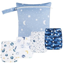 HappyFlute 9 Sets Newborn Baby Cloth Pocket Diapers Adjustable Reusable for Baby Boys and Girls(6-33 pounds,0-3 Years),One Wet Bag+4Diapers and 4Inserts (AD09)