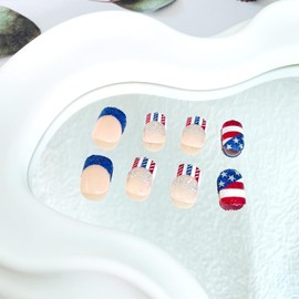 Independence Day Press on Nails French Tip Fake Nails Short Square False Nails Stars Acrylic Nails with Designs American Flag Glue on Nails Stars Artificial Nail Full Cover Stick on Nails for Women