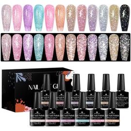 MSRUIOO Reflective Glitter Gel Nail Polish Set of 12 Colors Pink Purple Gold Silver Black Shimmer Sparkle Gel Polish Collection Kit LED Soak Off Nail Polish Manicure Art Gel Kit Home DIY Nail Salon