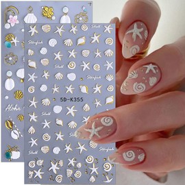 2 Sheets Shell Nail Stickers 5D Embossed Summer Beach Nail Art Stickers Self-Adhesive Seashell Starfish Flowers Designs White Gold Nail Art Supplies Ocean Nail Decals for Women Girls Acrylic Nails