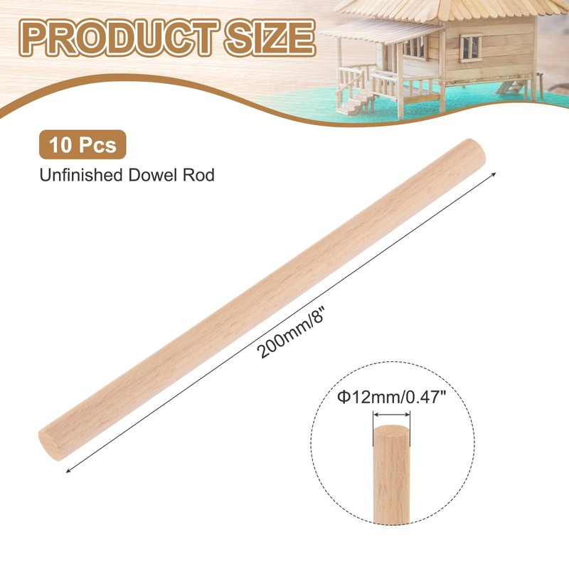 sourcing map Wooden Dowel Rods, 12mmx200mm Round Wooden Rod Unfinished