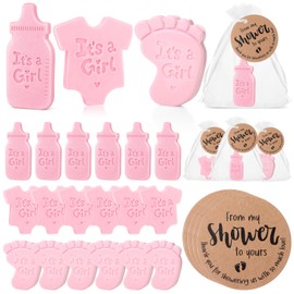 30 Set Baby Shower Soap Favors for Guests Mini Handmade Unscented Soaps Footprint Bodysuit Bottle Shape with Thank You Tags and Organza Bags for Gender Reveal Party Favors (It's A Girl,Pink)