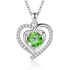 Yaumatea Heart Necklace, I Love You Always & Forever, Birthstone Cubic Zirconia Pendant, Gift for Women (Double Heart, Silver 05 May)