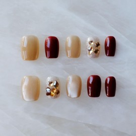 [GLORS] Purely Handmade Short Press On Nails | Burgundy Moonlight Cat-eye High-End Wearable Fake False Nails | Salon Quality in Short Square 10 pieces (S, SS)