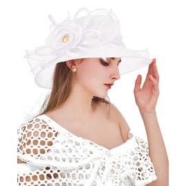 Z&X Organza Church Fascinator Wedding Tea Party Derby Hats for Women Flower Wide Brim Sun Hat White