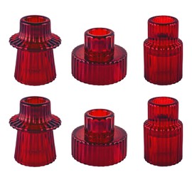 Double Sided Vintage Ribbed Taper Glass Candle Holders,Tea Candle Holder for Table Centerpieces, Wedding Decorations and Dinner Parties (Red, 6 PCS)