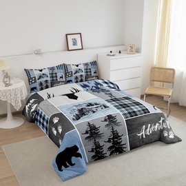 Manfei Deer Antler Comforter Set Twin Size,Bear Paws Rustic Farmhouse Xmas Bedding Set for Kids Boys Girls Adults Room Decor,Plaids Patchwork Adventure Down Comforter,Blue Duvet Insert,1 Pillowcase