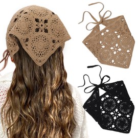 HAIMEIKANG Floral Crochet Hair Bandanas Headscarf 2 PCS Women Hair Scarf Daisy Headband Vintage Head Kerchief for Girls(Black+Coffee)