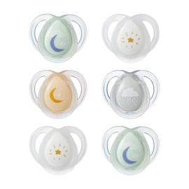 Tommee Tippee Chupete nocturno, 0-6 meses, bolsa de silicona simétrica, Binkies sin BPA, tecnología Glow in the Dark y pasteles azules, paquete de 6