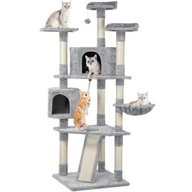 Light Gray Multi Level Cute Cat Tree 79" | Unique Ultimate Comfort Carpet Durable, Non-Skid Base Stable & Sturdy Wood Frame Sisal Rope Tall Cactus Hammock Tip Resistant Extra Plush Soft Mushroom
