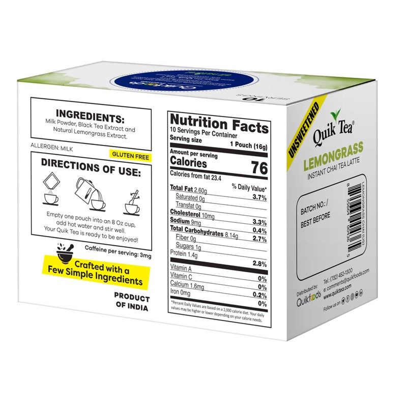 QuikTea Lemongrass Unsweetened Chai Tea Latte – 10 Count, Instant