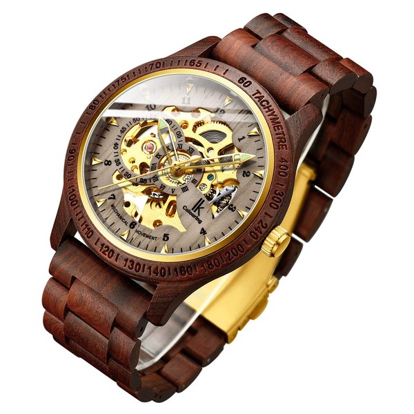 IK COLOURING Men's Watches Luxury Mechanical Wooden Case Skeleton Luminous