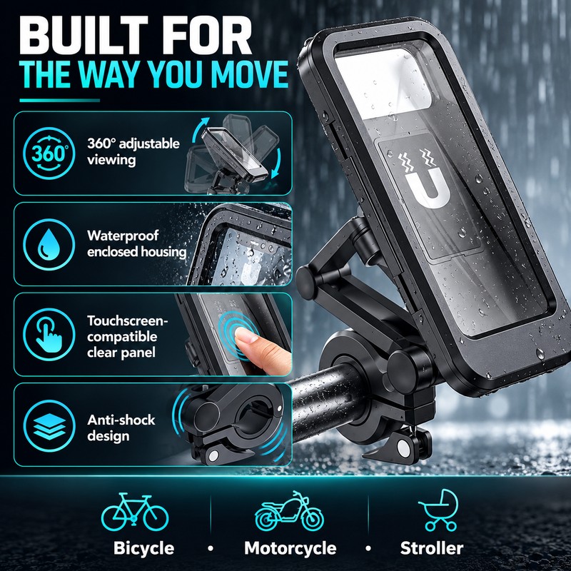 Waterproof Phone Holder with 360 Degree Rotation Adjustable Anti Shock