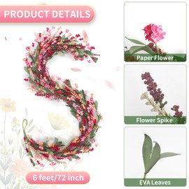 Lokeisna 2pcs Spring Paper Garland: 6ft Red, Orange & Pink All-Season Garlands with Paper & Fabric Flowers, EVA Leaves, Flower Spikes for Front Door, Living Room, Wedding