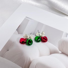 White Bow Jingle Bell Green Red Stud Small Dangle Drop Earrings for Women Cute Sterling Silver Post Tinkle Bell Ribbon Bowknot Christmas Studs Hypoallergenic Fashion Jewelry Party Holiday Decoration Gift Daughter Her