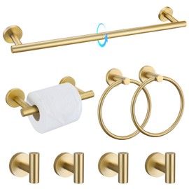 TQKAG 8-Pieces Bathroom Hardware Set Brushed Gold SUS304 Stainless Steel Bath Towel Bar Set 23.6 Inch Round Bathroom Accessories Kit Wall Mounted
