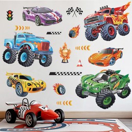 wondever Racing Car Wall Stickers Trucks Vehicles Roads Peel and Stick Wall Art Decals for Kids Bedroom Boys Room Playroom