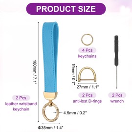 sourcing map Leather Wristlet Keychain Car Key Chain Wristlet for Women, 7 Inch Key Fob Holder with D Ring and 2 Key Ring for Keys Wallets Purse, Gold Tone/Sky Blue Pack of 2