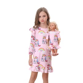 Bow Dream 2 Pcs Toddler Girl Dress Cute and Matching American Girl Doll Clothes Accessories for Girls Dresses Pink Unicorn Size 150