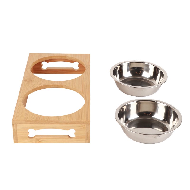 Bamboo Pet Double Bowl Cartoon Prevent Slipping Easy to Clean