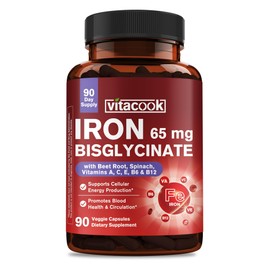 Vitacook Iron Supplement 65mg for Women & Men, Ferrous Bisglycinate Chelate, Vitamin C, A, E, B6, B12, Spinach & Beet Root Powder, for Blood Flow & Energy Support, 90 Capsule
