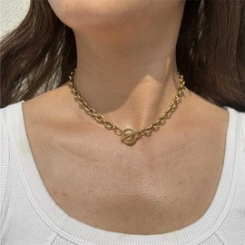 WangGao Stainless Steel Toggle Clasp Chunky Chain Necklace for Women Man,Statement Link T-Bar Clase Choker Necklaces,18K Gold Color