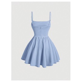 SHENHE Women's Ruched Corset Dress Spaghetti Strap Fit and Flare Flowy Skater Mini Cami Dress Light Blue Large