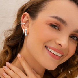 ZELORES 6 Pairs Gold Plated Hoop Earrings Trendy 14K Gold Plated Chunky Hoop Earrings Stack Multipack Pearl Chain Dangle Gold Hoop Earring for Women(Silver-Square)