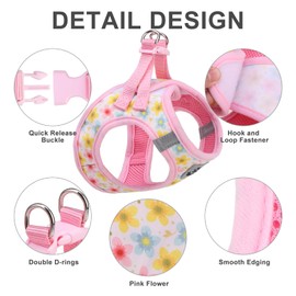 EXPAWLORER Small Dog Harness and Leash Set - Cute Puppy Harness Leash Dog Collar with AirTag Holder Silicone Case, Soft Padded Step in Pet Vest Reflective for Outdoor Walking, Floral S