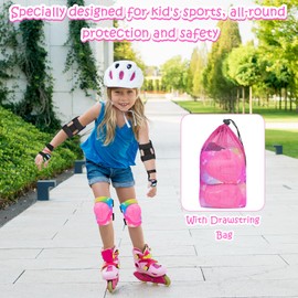 Knee Pads for Children, Elbow Pads, Wrist Guards with Drawstring Mesh Pocket, Adjustable Set for Girls Boys for Skating, Cycling, Rollerblading Scooter, 3-8 Years