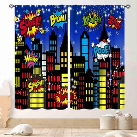 TKUYO Superhero City Curtains, Comic Night Starry Skyline Cityscape Buildings Comic Blackout Window Curtains for Boys Kids Baby Room Bedroom Living Nursery 2 Panel Sets, 52"x84" Inch