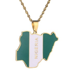 Gold Nigeria Flag Map Necklace Pendant & 50cm Chain Green Nigerian African Country 2.9cm x 2.5cm FBA