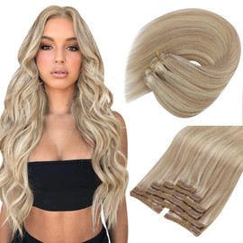Sunny Hair Clip in Hair Extensions Human Hair Invisible Clip in Hair Extensions Real Human Hair Straight Hair Extensions for Women 22inch Warm Ash Blonde Highlights Bleach Blonde