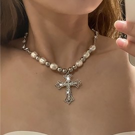 Sttiafay Vintage Crystal Cross Pearl Necklace Silver Cross Pendant Necklace Pearl Bead Choker Necklace Exaggerated Crucifix Necklace Jewelry for Women