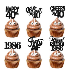 18pcs Black Glitter Happy 40th Dessert Cupcake Topper Pick for Funny Legend Since 1986 Theme Decor Supplies Men Women Happy 40 Birthday Party Decoration