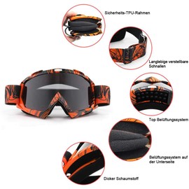 Sposune Motorcycle Goggles, ATV Dirt Bike Off Road Racing MX Riding Goggles Anti-Scratch Dustproof Bendable UV400 Glasses Padded Soft Thick Foam Adjustable Strap Adult Motocross
