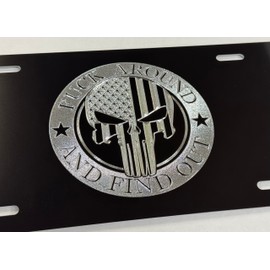 F Around Find Out FAFO Punisher Car Tag Diamond Etched Black Metal License Plate